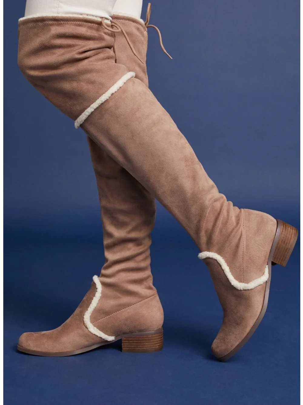Charles David Taupe Over-the-Knee Faux-Suede Boots with Shearling Trim